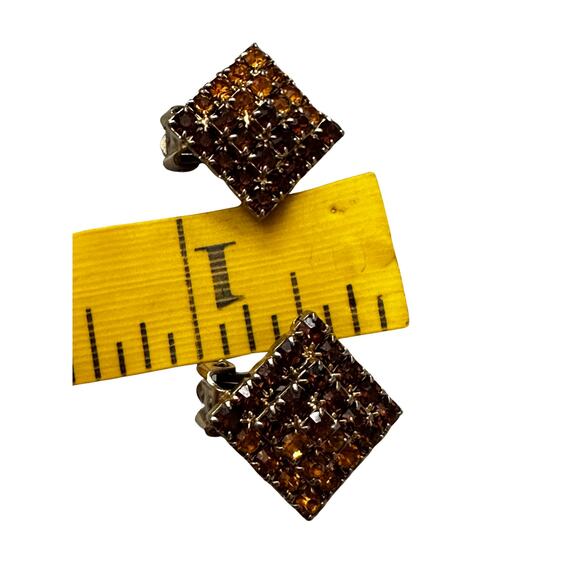 Vintage Dual Orange Brown Rhinestone Clip On Earrings - Picture 5 of 5
